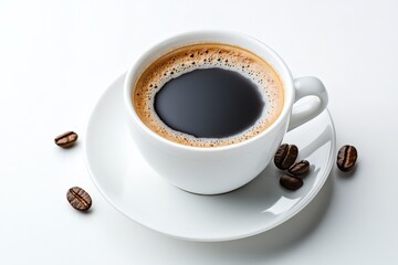 Fototapeta premium A close-up shot of a freshly brewed black coffee in a white cup on a saucer, elegantly surrounded by coffee beans, capturing a rich and aromatic coffee ambiance.
