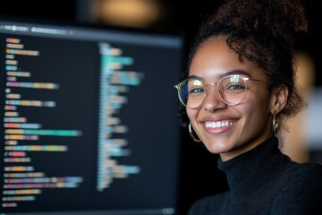 A confident female programmer smiles while working at her computer screen, showcasing focus, confidence, and the evolving role of women in tech.