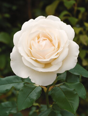 White rose blooming in garden with green leaves