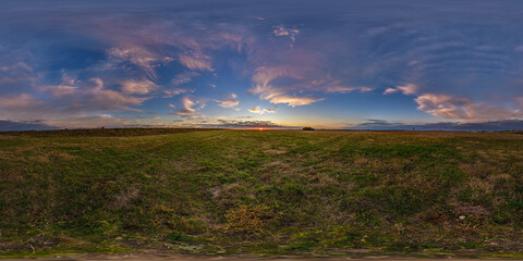 hdri 360 panorama on gravel road among fields in spring nasty evening before sunset in...