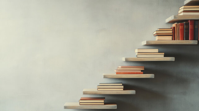 Bookshelf staircase symbolizing learning and growth, with space for educational and self-improvement concepts