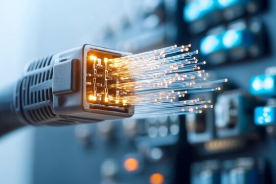 This image features a detailed close-up of illuminated optical fibers, emphasizing the intricate network of modern technology and digital connectivity.