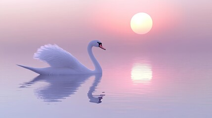 Serene swan gliding on a tranquil lake at sunset