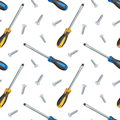 Screwdrivers and screws, vector illustration. Seamless pattern with screwdrivers.