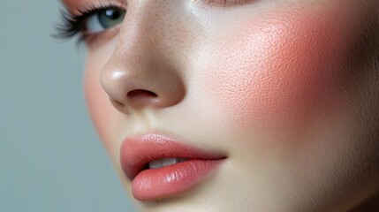 Fototapeta premium Close-up of a model's radiant skin with blush and lip color
