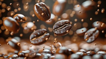 Fototapeta premium A numerous coffee beans falling onto a wooden surface, in mid-air. a dynamic motion as the beans scatter, their glossy, textured surfaces reflecting light softly. Each bean is a rich, deep brown.