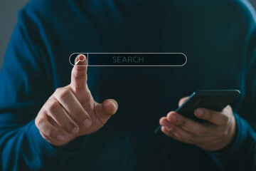Person using smartphone to search information online, showcasing modern technology and user...