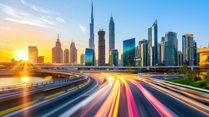 Obraz premium Vibrant Cityscape with Engaging Light Trails at Sunset