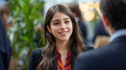 Confident Woman Networking at a Bright Event