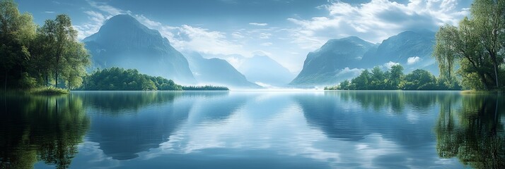 A beautiful mountain lake with a clear blue sky above