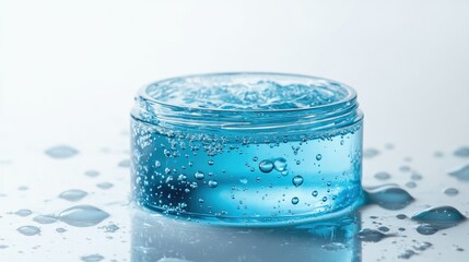 Refreshing blue gel in a clear jar with water droplets