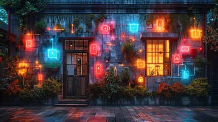 Obraz premium Craft a neon display of home security symbols, featuring illuminated