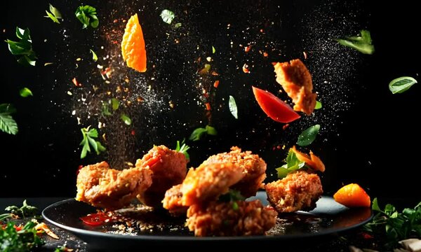 A delicious serving of crispy chicken bites placed in a white bowl, garnished with fresh herbs, against a vibrant red background with spices falling.