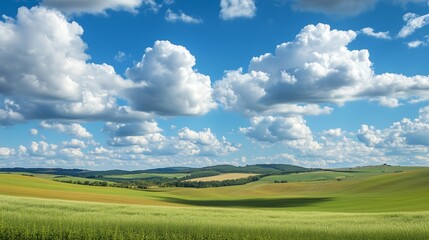 Obraz premium Beautiful countryside landscape with green field and blue sky with clouds