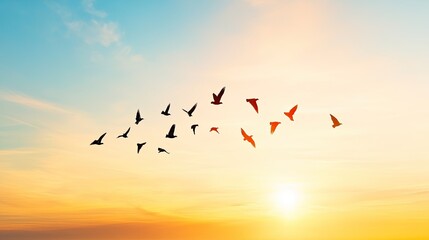 Obraz premium Silhouettes of Birds Flying at Sunrise