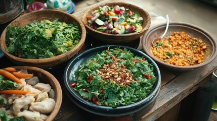 Fototapeta premium Traditional Laotian food being served at a local eatery in Luang Prabang, showcasing vibrant