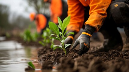 Fototapeta premium Workers Planting Young Seedlings in a Wet Landscape