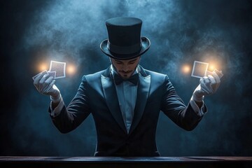 A magician performs a card trick in a dark stage setting with dramatic lighting and smoke