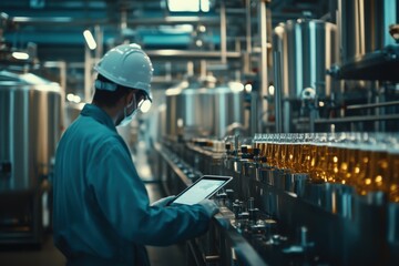 Obraz premium closeup engineer worker tablet in food and drinks factory industry monitor operate control inspecting production line high pressure tank production line