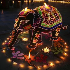 Obraz premium Elephant Decorated with Diwali Lights and Rangoli Patterns for Diwali Celebration