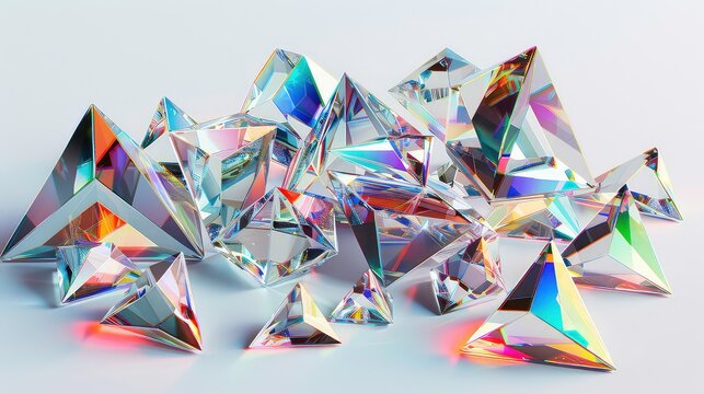 A cluster of iridescent triangular crystals scattered on a white surface, reflecting light and casting colorful shadows.
