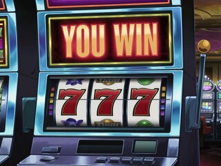 Winning moment on a colorful slot machine with three sevens at a busy casino.