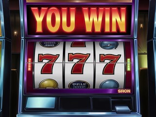 Winning moment on a colorful slot machine with three sevens at a busy casino.