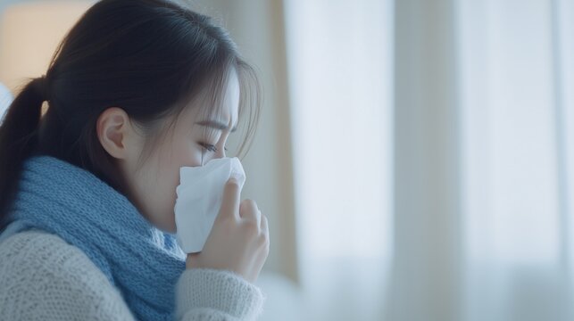 
A woman sits on the bed and blowing her nose and holding paper wipe, sthe concept of seasonal illnesses, cold relief and treatment