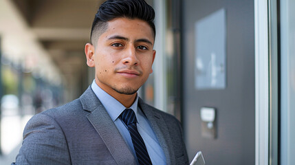 Obraz premium Mexican businessman with serious friends expression. Male man in a sleek suit and tie looking directly into the camera with focus and confidence with nature on background. Copy paste empty place