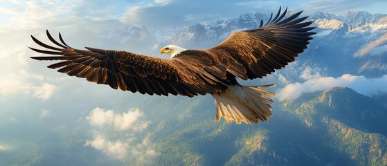 Obraz premium A photorealistic high-angle view of a majestic eagle soaring in the sky, captured in a crisp and detailed manner