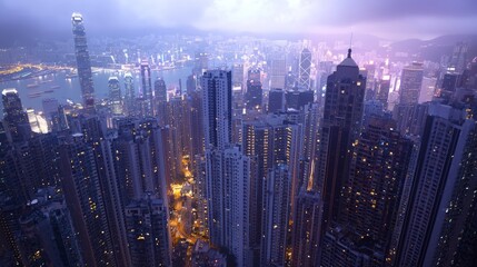 Fototapeta premium Glowing Financial District: Vibrant Dusk Cityscape Panorama with Busy Traffic, Ultra-Detailed Modern Urban Scenery