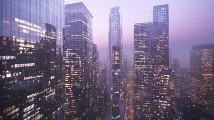 Obraz premium Glowing Financial District: Captivating Dusk Panorama of Bustling City Skyline with Illuminated Buildings and Traffic Below