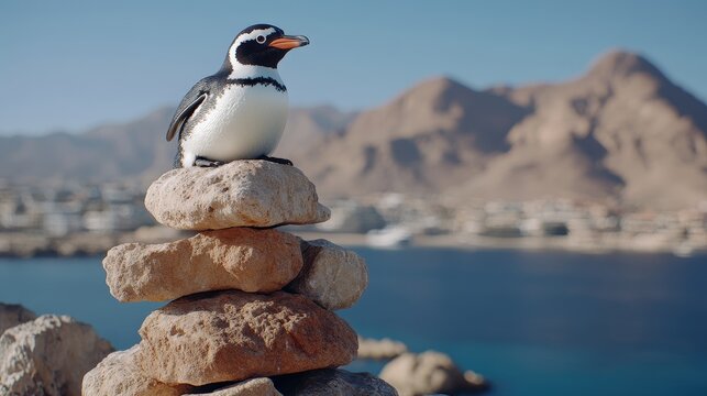 Penguin on Rocks with Mountain Background   Coastal Wildlife Photography
