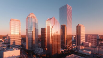 Obraz premium Majestic Sunset in City Financial District with Skyscrapers Reflecting Warm Hues | Ultra-Detailed Panoramic View of Modern Urban Landscape