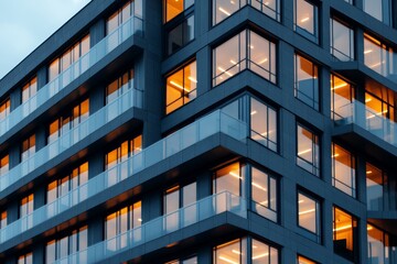 Obraz premium A modern building showcasing an angular design with geometric glass sections and warm interior lighting, exemplifying contemporary urban architectural trends.