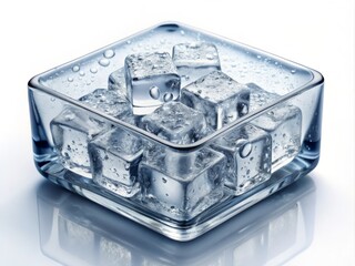 Fototapeta premium Vintage Style Photography of Ice Cubes in a Rectangular Box with Water Droplets on White Background for Refreshing Beverage Concepts