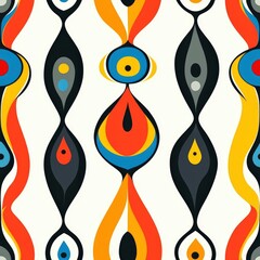 Fototapeta premium Abstract pattern with teardrop shapes, filled with vibrant colours and geometric elements, evoking a sense of movement and rhythm.