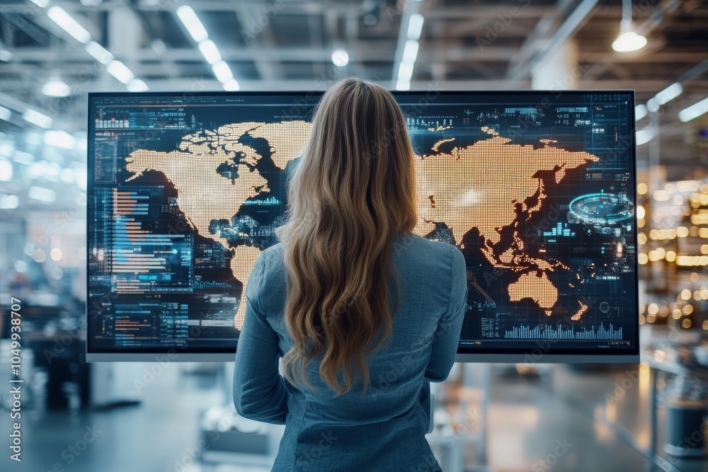 Poster a woman looks at a map on a large digital display in a tech setting, symbolizing global connectivity