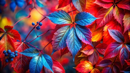 Fototapeta premium Vivid Red and Blue Leaves on Multicolor Background - Bold Artistic Composition for Nature and Design Enthusiasts - High Depth of Field Photography