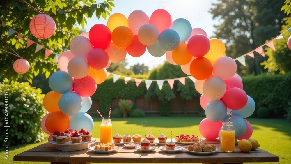 Poster A table with a bunch of balloons and a bunch of food. The balloons are in different colors and are arranged in a way that they look like a rainbow. 