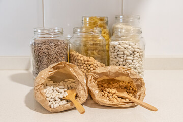 Reusable Containers And Bags Filled With Organic Beans, Chickpeas, And Lentils. Bulk Grains And...