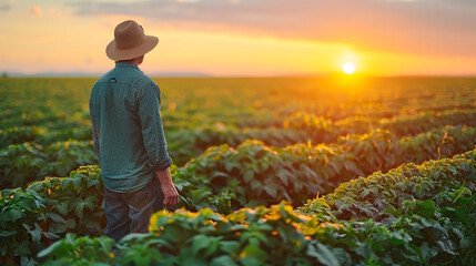 Fototapeta premium Farmer standing in a green field at sunset, gazing at the horizon, representing rural lifestyle, agriculture, and peaceful connection with nature
