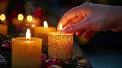 All Saints Day A close-up of a hand lighting a candle in remembrance, warm light creating a gentle glow, Realism, High Detail, Intimate