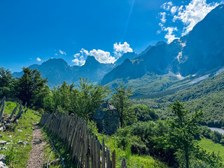 Hiking path along wooden fence of rustic abandoned wooden cabin nestled in alpine forest surrounded...