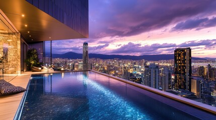 Fototapeta premium Luxury Rooftop Infinity Pool with City View at Dusk