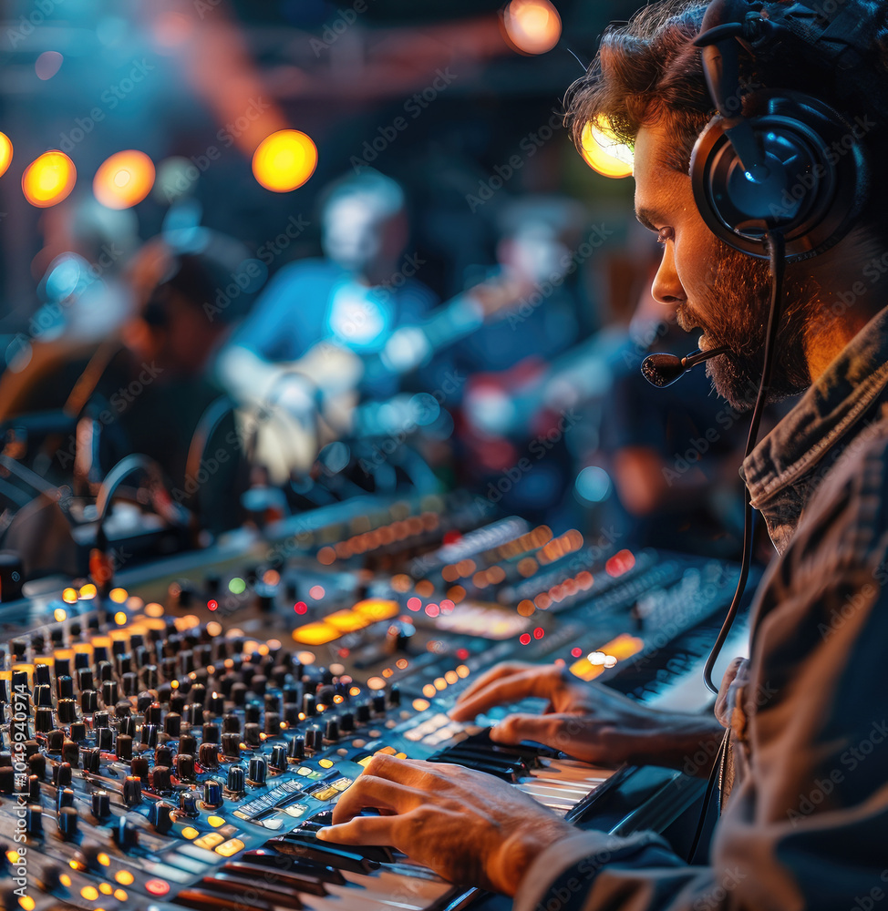 Fototapete A sound engineer conducting a sound check before a live performance, adjusting the volume levels while musicians play instruments in the background.