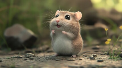Illustrate a hamster at eye-level angle with lifelike textures and brilliant lighting, highlighting its small paws and curious expression with a touch of whimsy