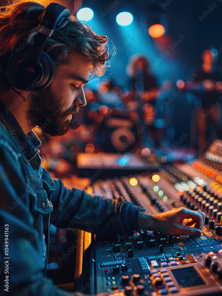 Fototapete A sound engineer conducting a sound check before a live performance, adjusting the volume levels while musicians play instruments in the background.