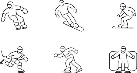 Winter sports icon vector illustration collection in a line outline style. Ski, winter sports and snow Handdrawn Doodle icons.