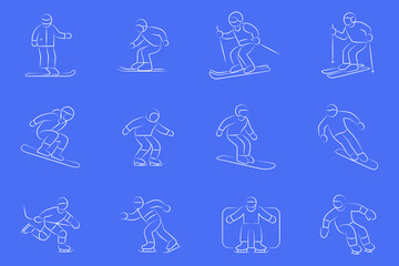 Winter sports icon vector illustration collection in a line outline style. Ski, winter sports and snow Handdrawn Doodle icons.